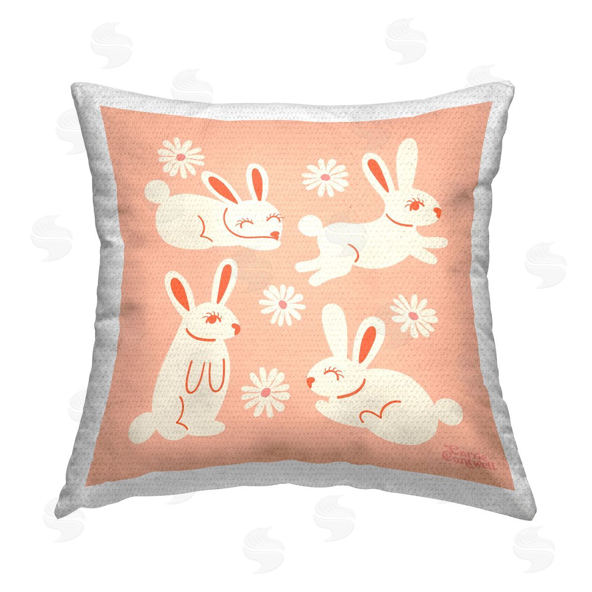 Carrie Cantwell Pink Blissful Bunnies Outdoor Quick-Dry Polyester Printed Throw Pillow