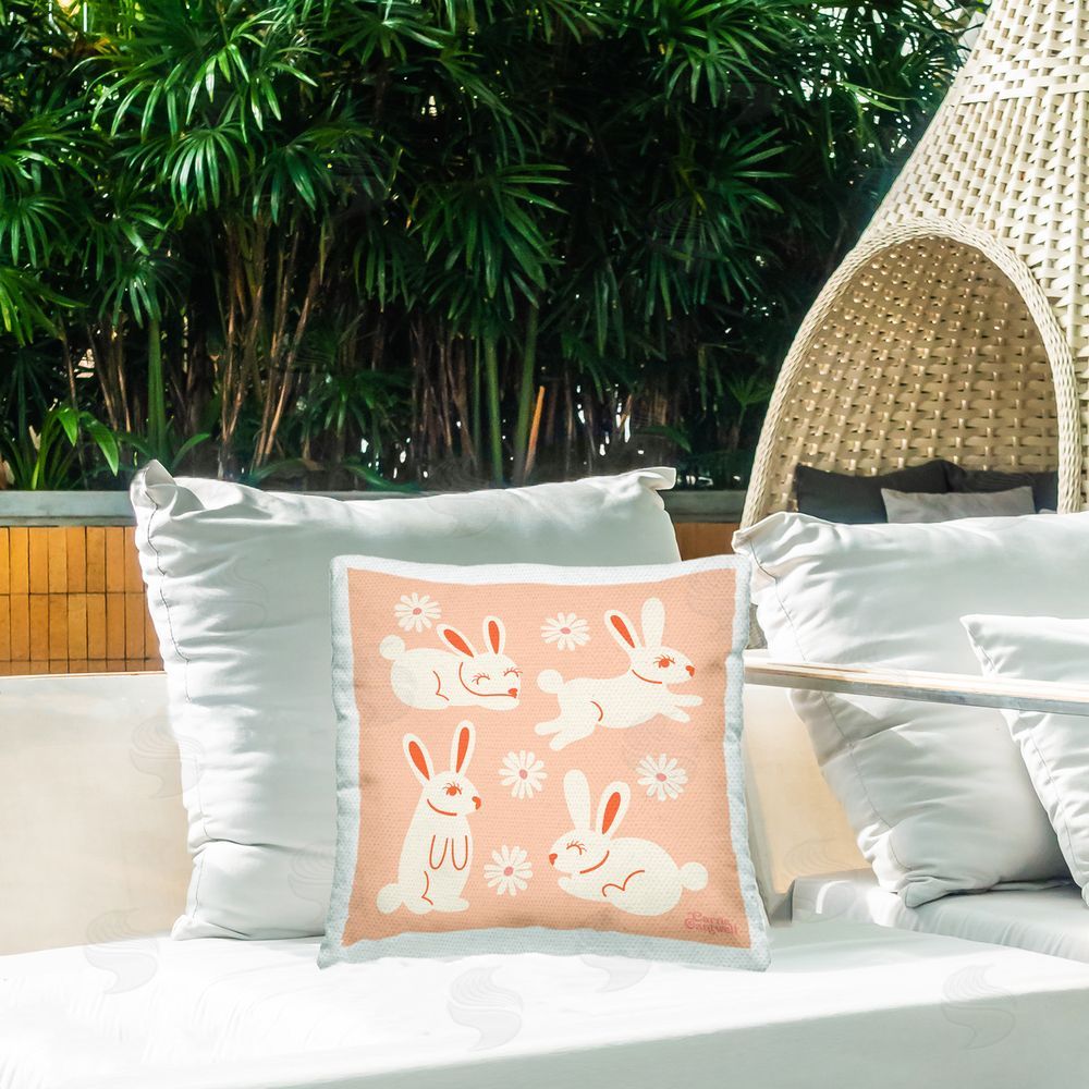 Carrie Cantwell Pink Blissful Bunnies Outdoor Quick-Dry Polyester Printed Throw Pillow in Back Yard