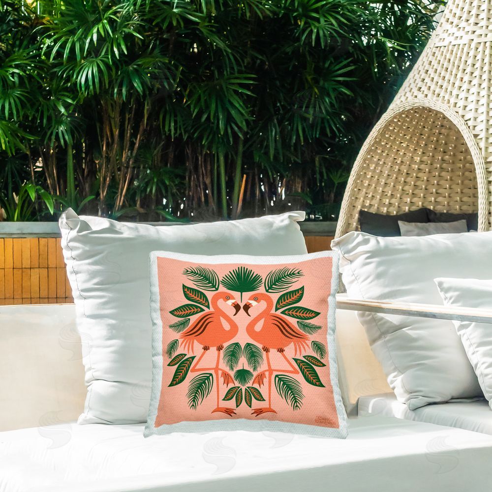 Carrie Cantwell Mirrored Flamingo Friends Outdoor Quick-Dry Polyester Printed Throw Pillow in Back Yard