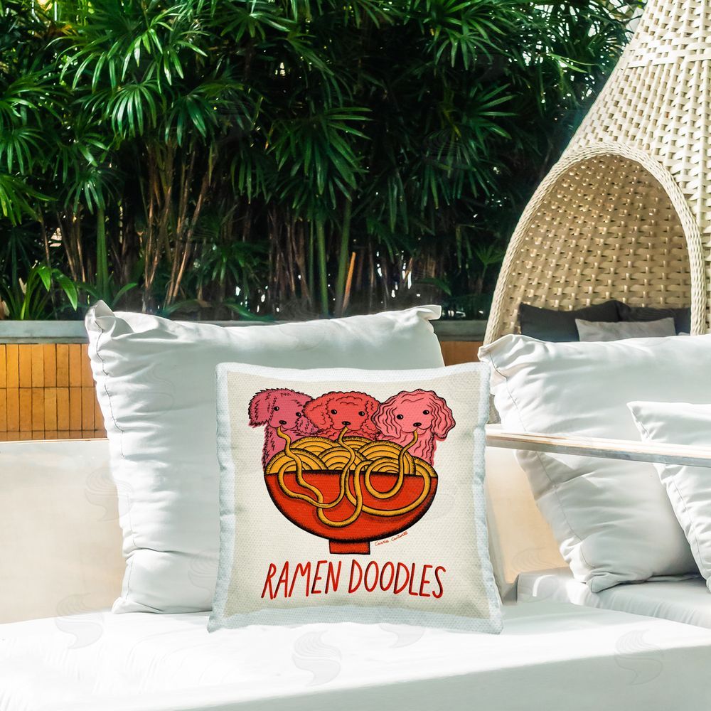 Carrie Cantwell Fun Ramen Dogs Outdoor Quick-Dry Polyester Printed Throw Pillow in Back Yard