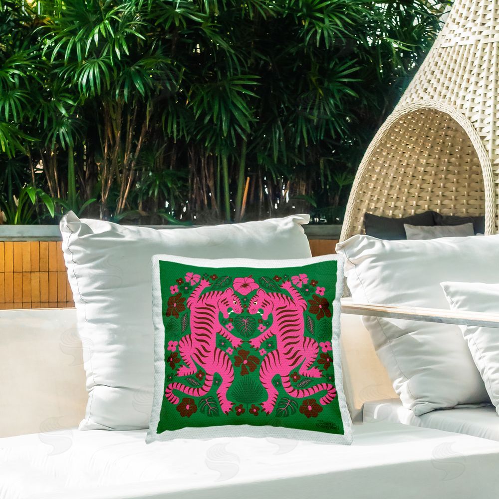 Carrie Cantwell Mirrored Tropical Tigers Outdoor Quick-Dry Polyester Printed Throw Pillow in Back Yard