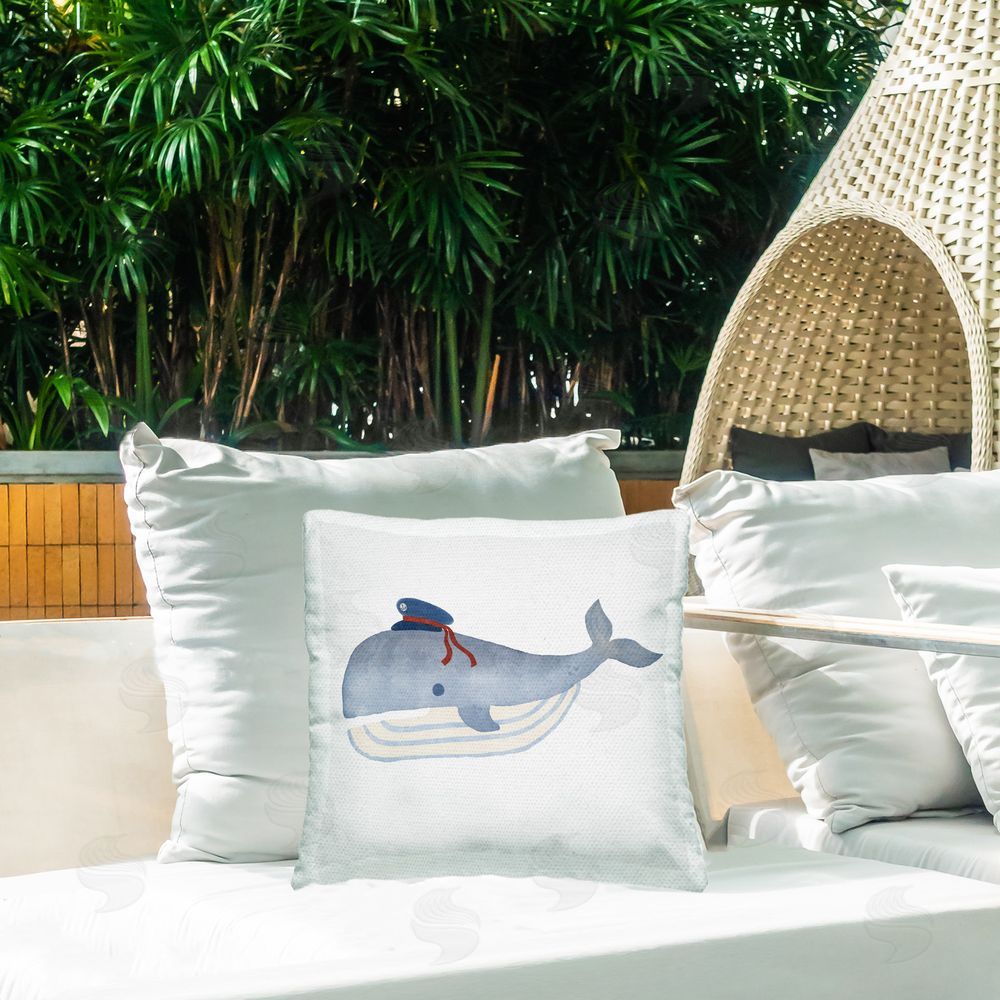 Carrie Cantwell Captain Whale with Hat Outdoor Quick-Dry Polyester Printed Throw Pillow in Back Yard