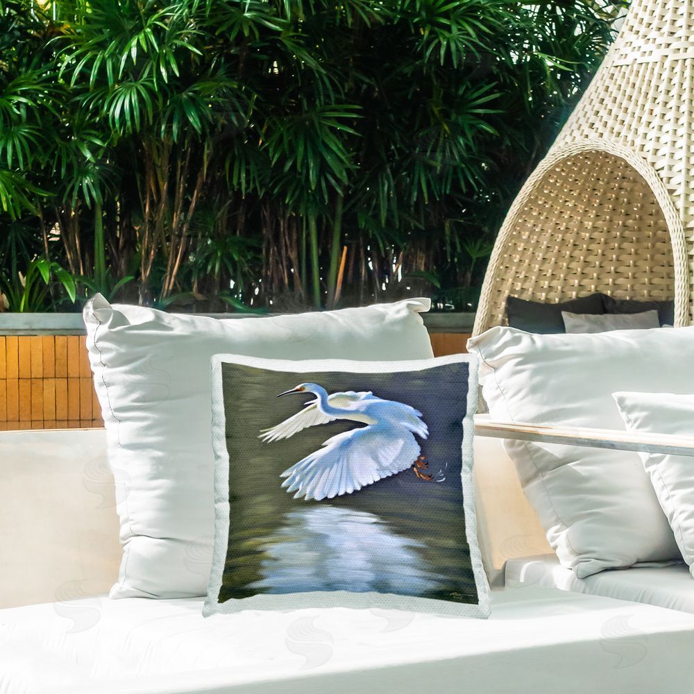 D. Rust Egret Flying Lake Surface Outdoor Quick-Dry Polyester Printed Throw Pillow in Back Yard