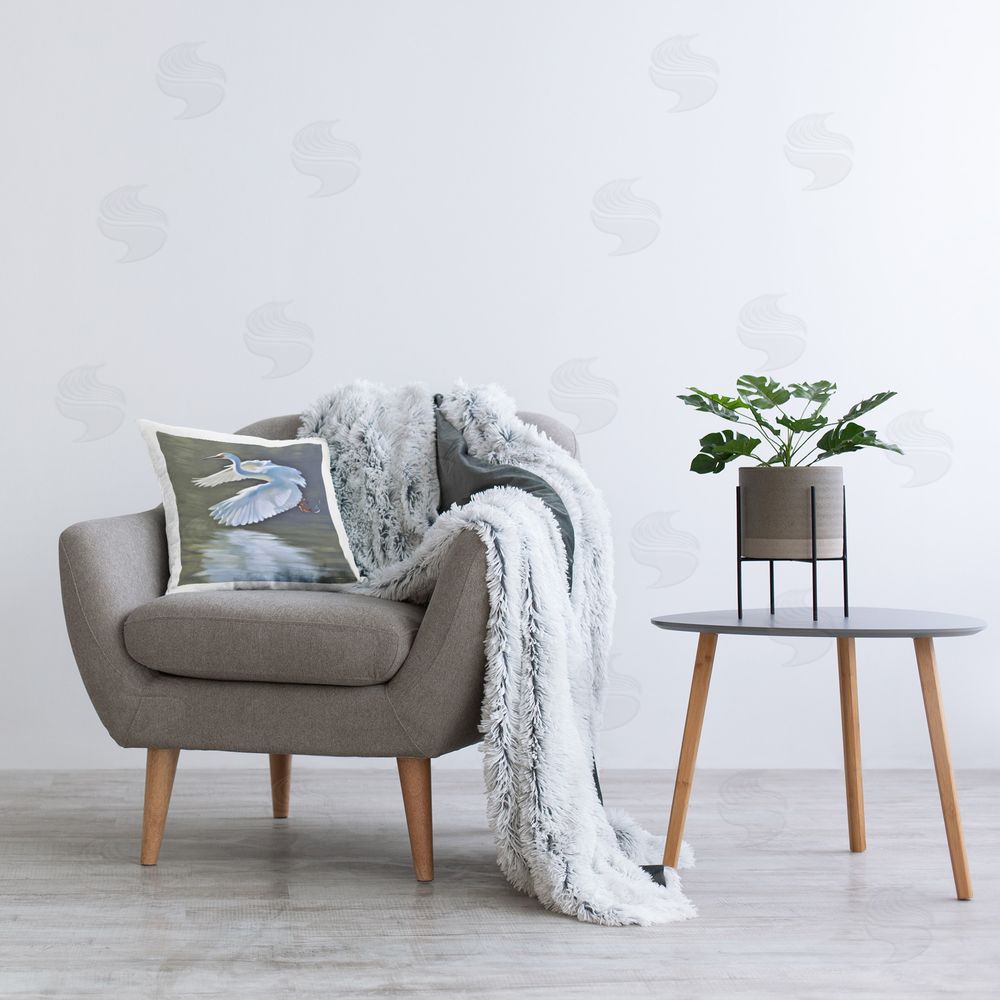 D. Rust Egret Flying Lake Surface Printed Plush Polyester Throw Pillow On Chair