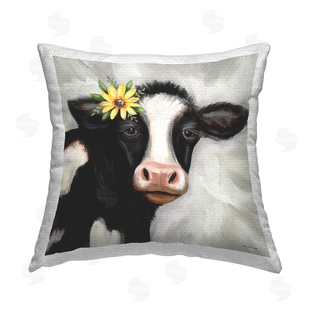 Elizabeth Tyndall Cow with Yellow Daisy Outdoor Quick-Dry Polyester Printed Throw Pillow