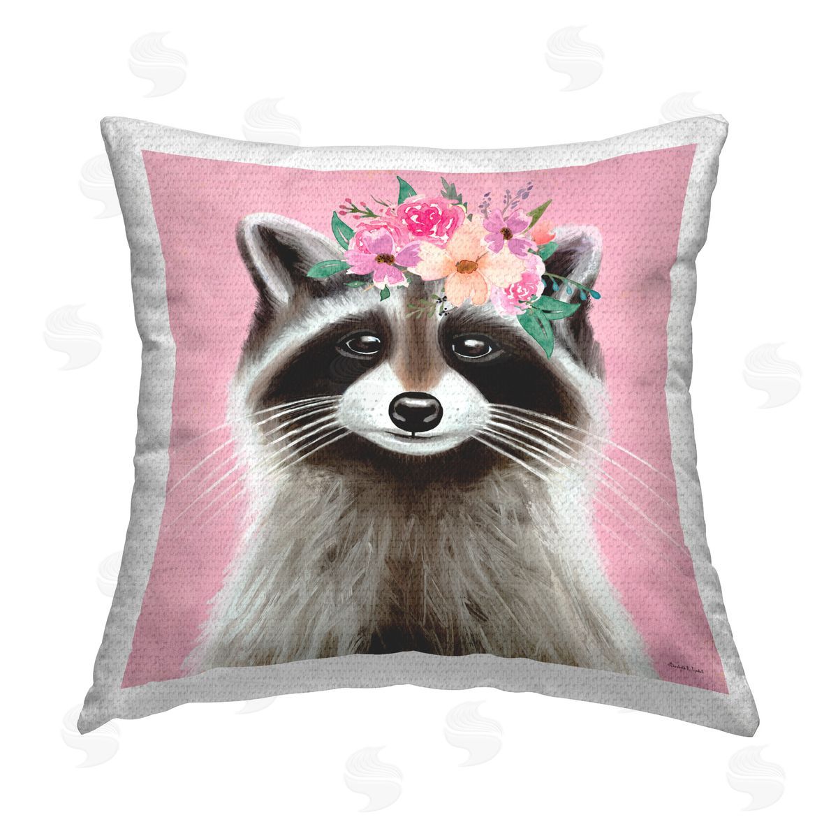 Elizabeth Tyndall Pink Florals Raccoon Outdoor Quick-Dry Polyester Printed Throw Pillow