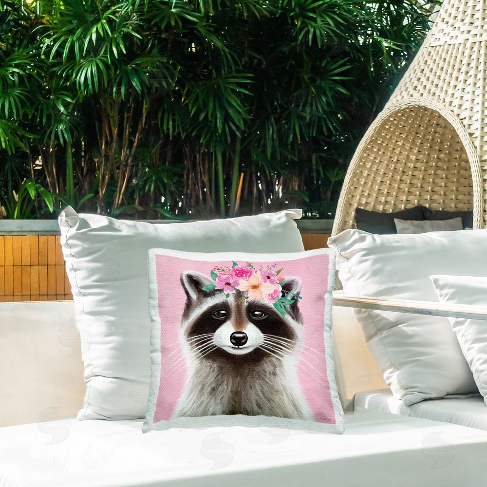 Elizabeth Tyndall Pink Florals Raccoon Outdoor Quick-Dry Polyester Printed Throw Pillow in Back Yard