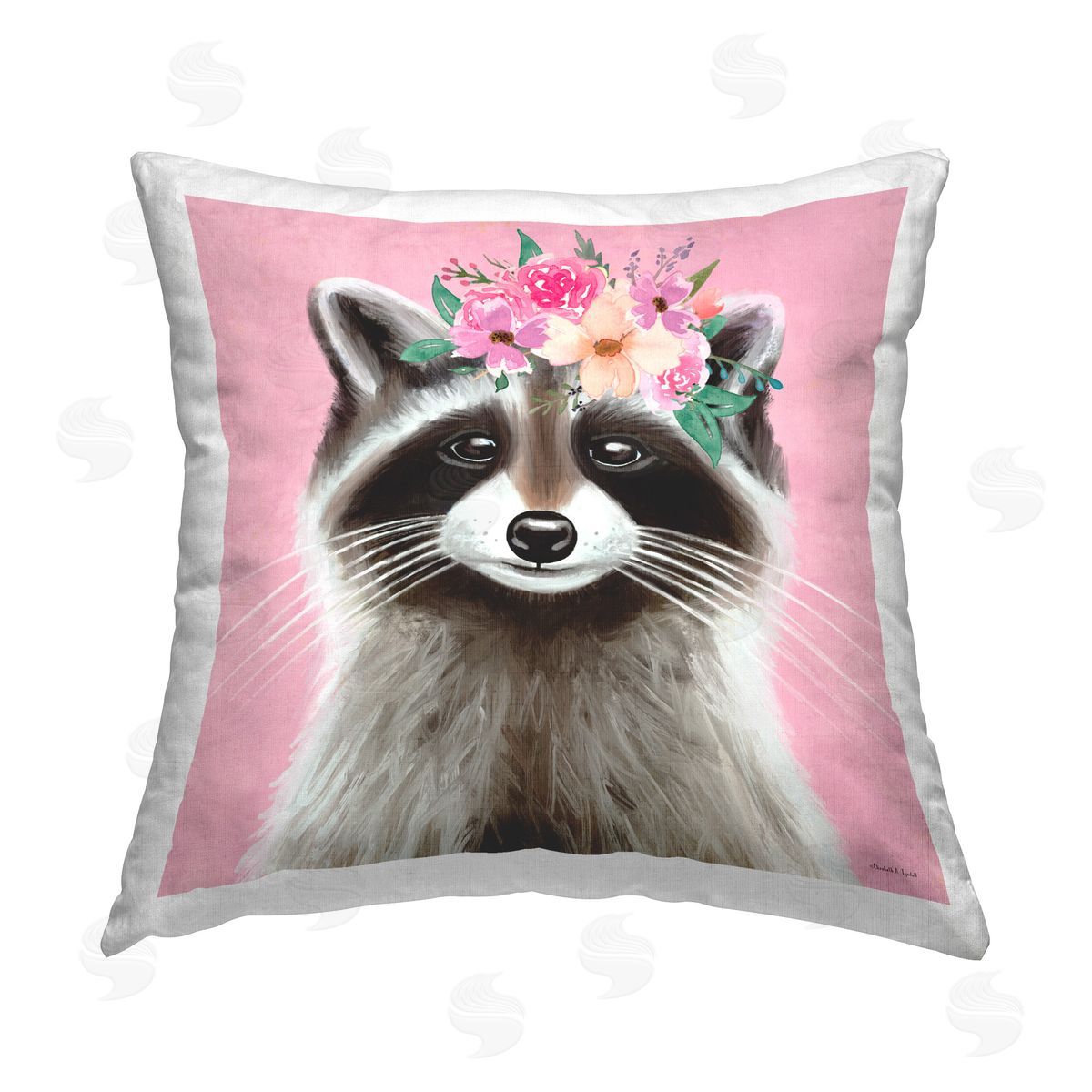 Elizabeth Tyndall Pink Florals Raccoon Printed Plush Polyester Throw Pillow