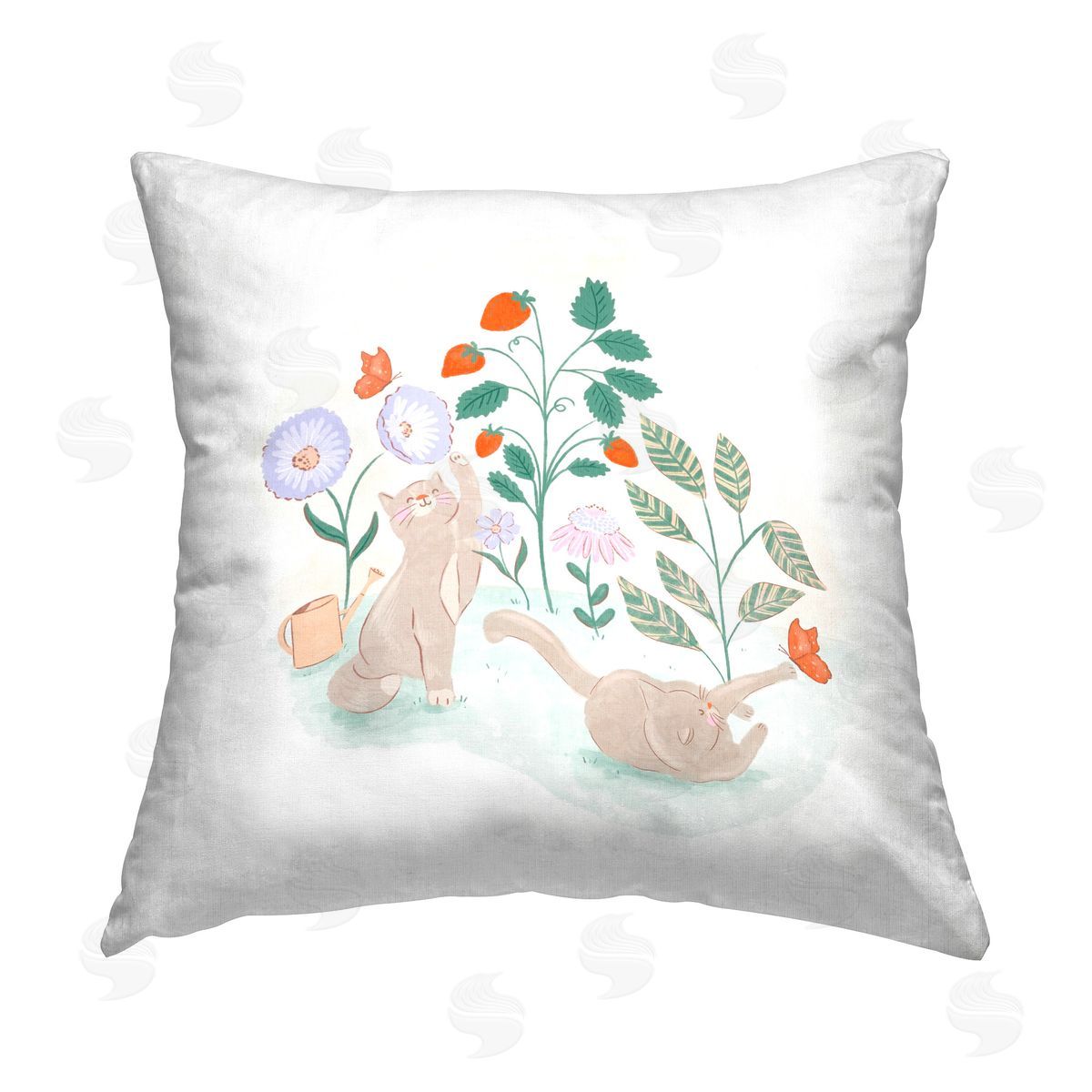 Fineapple Pair Cats Playing in Garden Printed Plush Polyester Throw Pillow