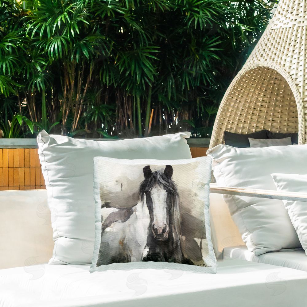 Marilyn Hageman Grey & Beige Horse Abstract Outdoor Quick-Dry Polyester Printed Throw Pillow in Back Yard