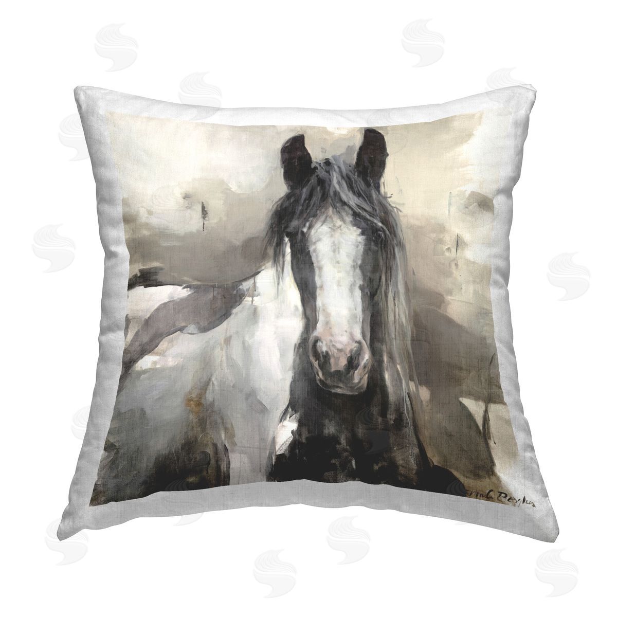 Marilyn Hageman Grey & Beige Horse Abstract Printed Plush Polyester Throw Pillow