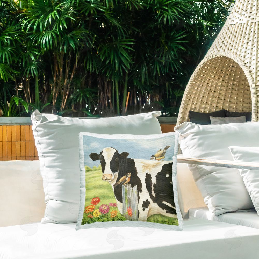 Gwendolyn Babbit Scenic Cow & Birds Outdoor Quick-Dry Polyester Printed Throw Pillow in Back Yard