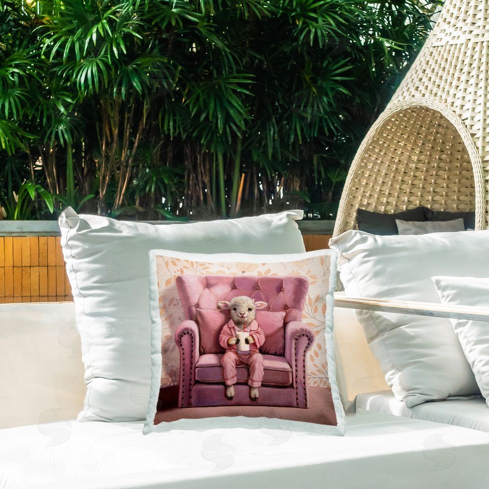 Lucia Heffernan Baby Cow in Pink Chair Outdoor Quick-Dry Polyester Printed Throw Pillow in Back Yard