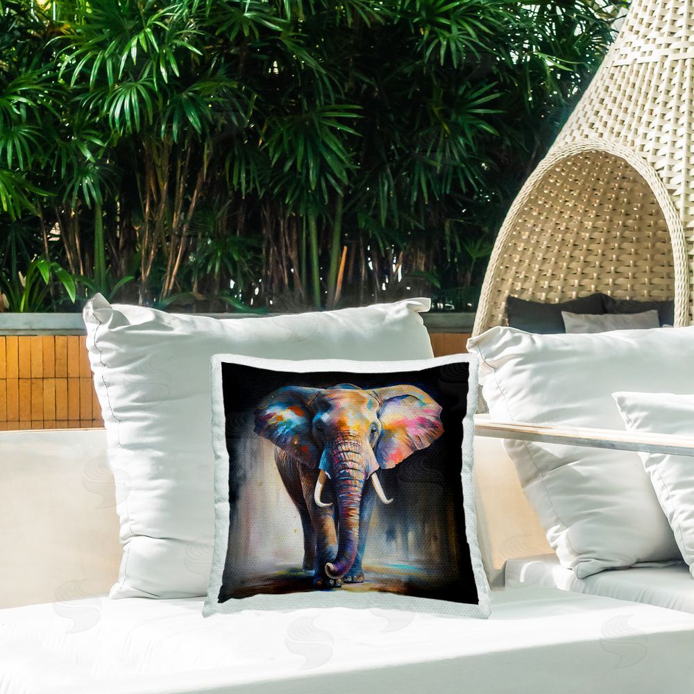 Incado Stepping Elephant in Shadow Outdoor Quick-Dry Polyester Printed Throw Pillow in Back Yard