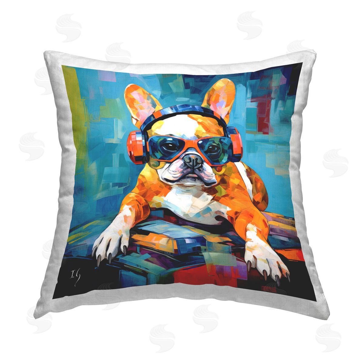 Ivan Guaderrama French Bulldog with Headphones Printed Plush Polyester Throw Pillow