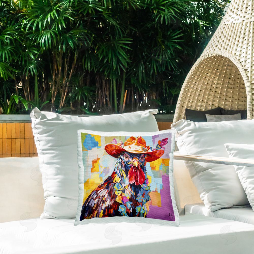 Ivan Guaderrama Modern Cowboy Rooster Outdoor Quick-Dry Polyester Printed Throw Pillow in Back Yard