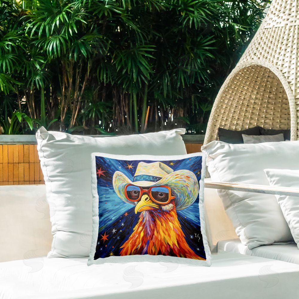 Ivan Guaderrama Cowboy Chicken with Stars Outdoor Quick-Dry Polyester Printed Throw Pillow in Back Yard
