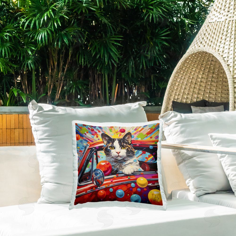 Ivan Guaderrama Driving Cat with Bold Pattern Outdoor Quick-Dry Polyester Printed Throw Pillow in Back Yard
