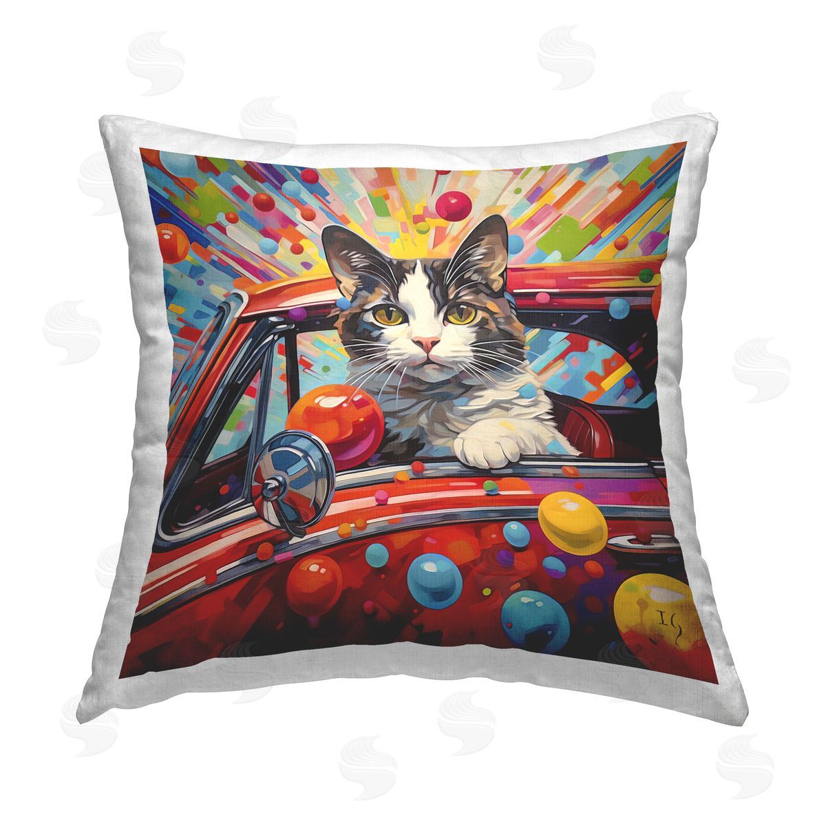 Ivan Guaderrama Driving Cat with Bold Pattern Printed Plush Polyester Throw Pillow