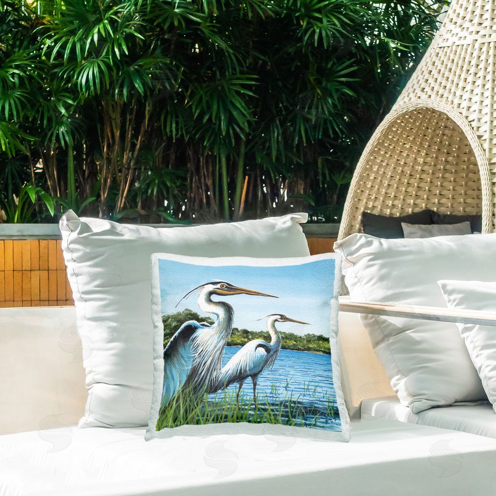 John Rossini Traditional Egrets Gazing Outdoor Quick-Dry Polyester Printed Throw Pillow in Back Yard
