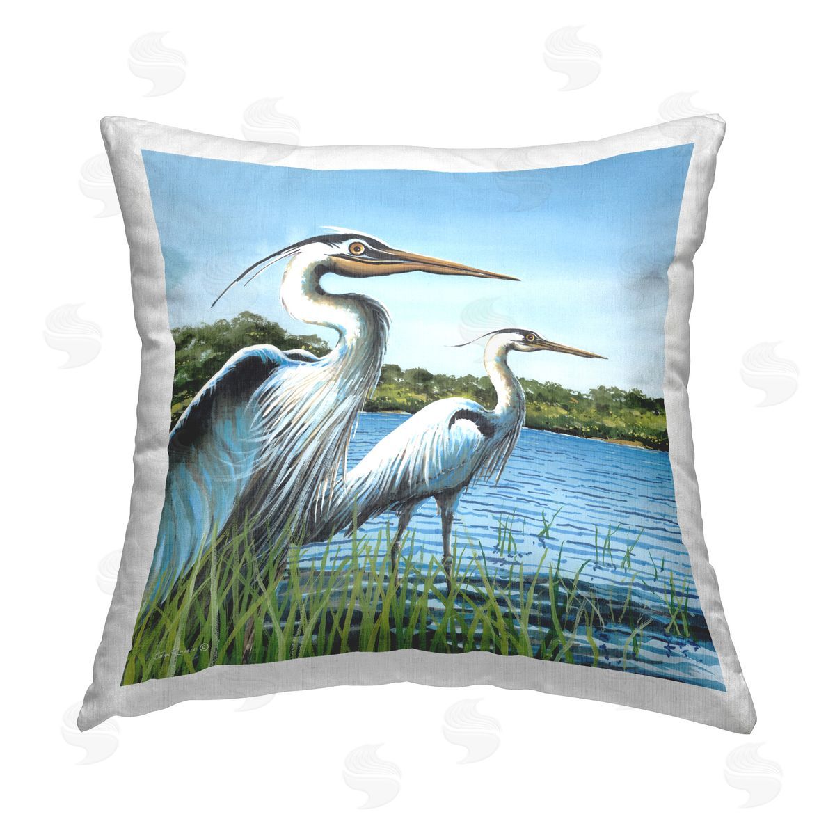 John Rossini Traditional Egrets Gazing Printed Plush Polyester Throw Pillow