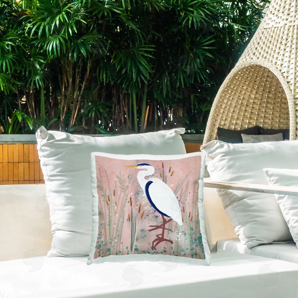Juliet Rose Philips Coastal White Bird Outdoor Quick-Dry Polyester Printed Throw Pillow in Back Yard