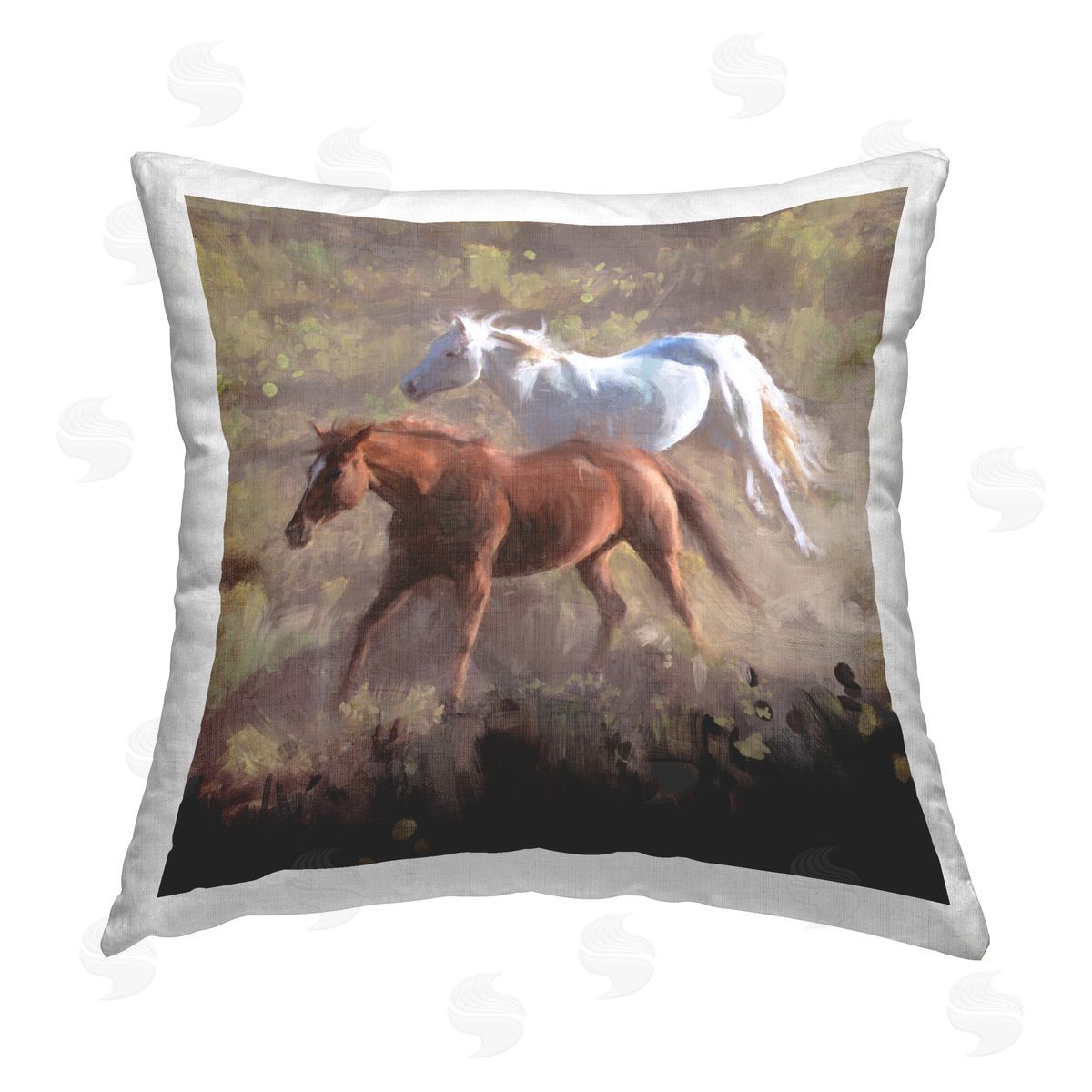 Nina Blue Brown & White Wild Horses Printed Plush Polyester Throw Pillow