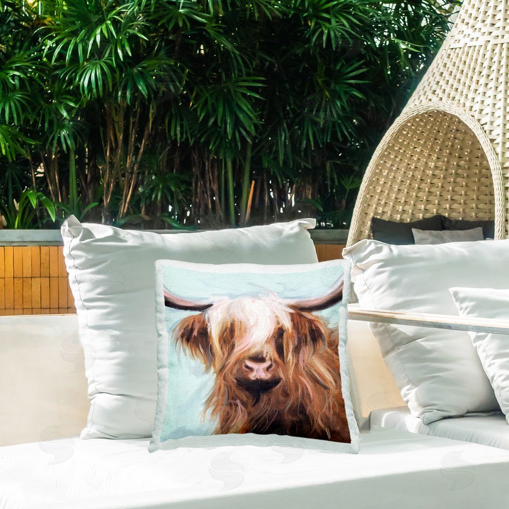 Nina Blue Long Haired Cattle Portrait Outdoor Quick-Dry Polyester Printed Throw Pillow in Back Yard