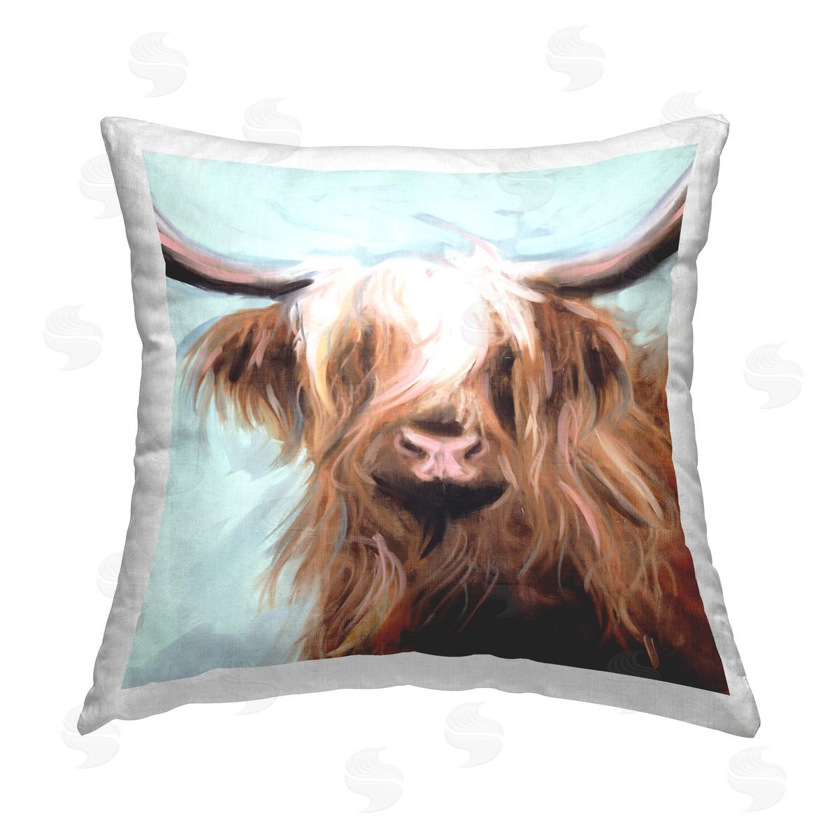 Nina Blue Long Haired Cattle Portrait Printed Plush Polyester Throw Pillow
