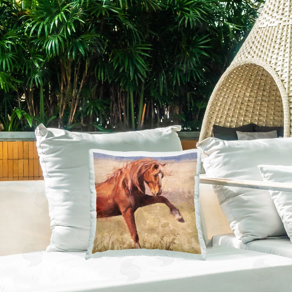 Nina Blue The Red Stallion Portrait Outdoor Quick-Dry Polyester Printed Throw Pillow in Back Yard