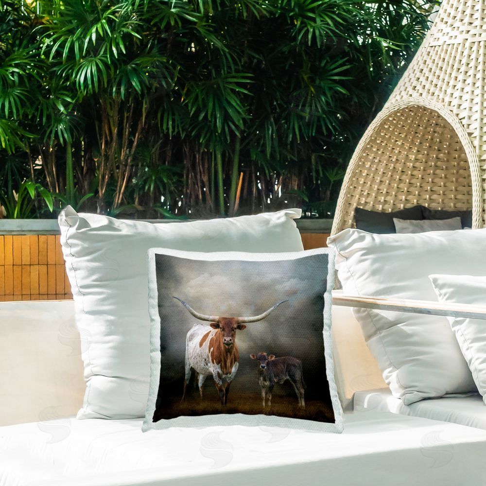 Kelley Parker Longhorn & Calf Babysitter Outdoor Quick-Dry Polyester Printed Throw Pillow in Back Yard