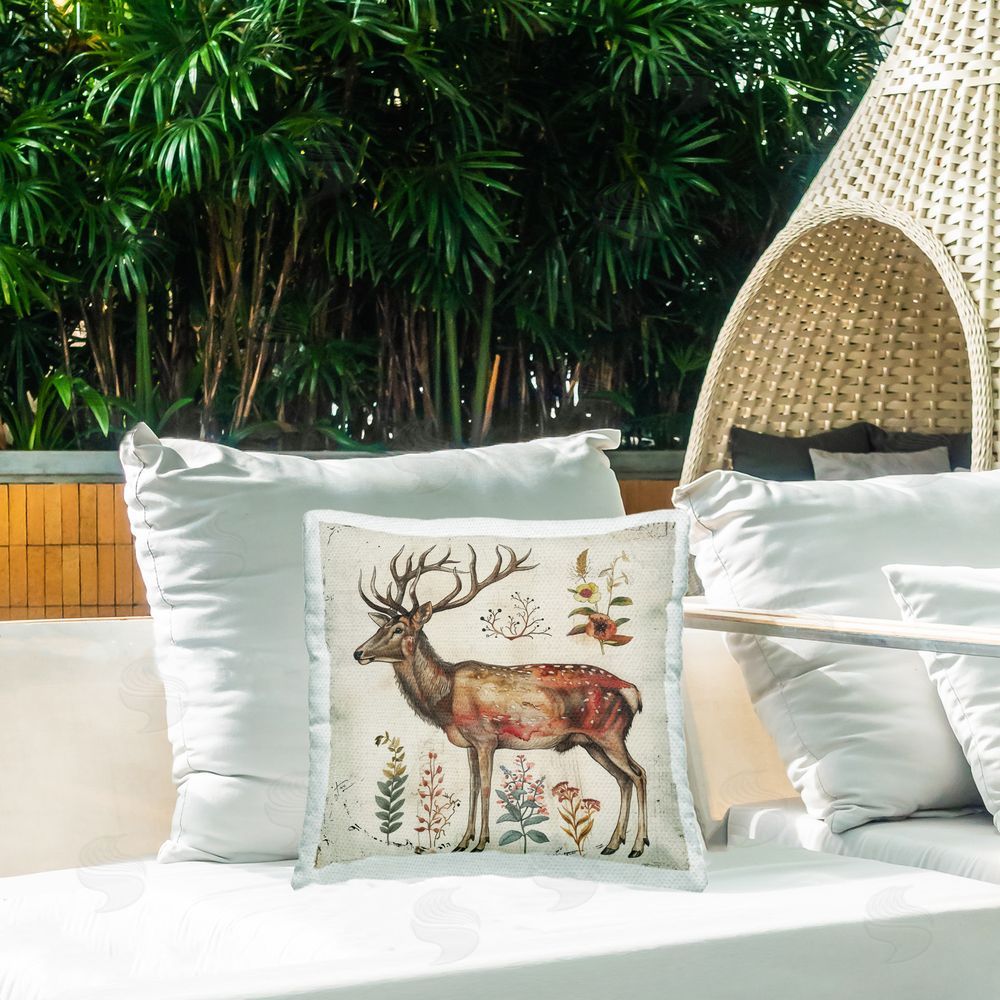 Lazar Studio Forest Elk with Botanicals Outdoor Quick-Dry Polyester Printed Throw Pillow in Back Yard