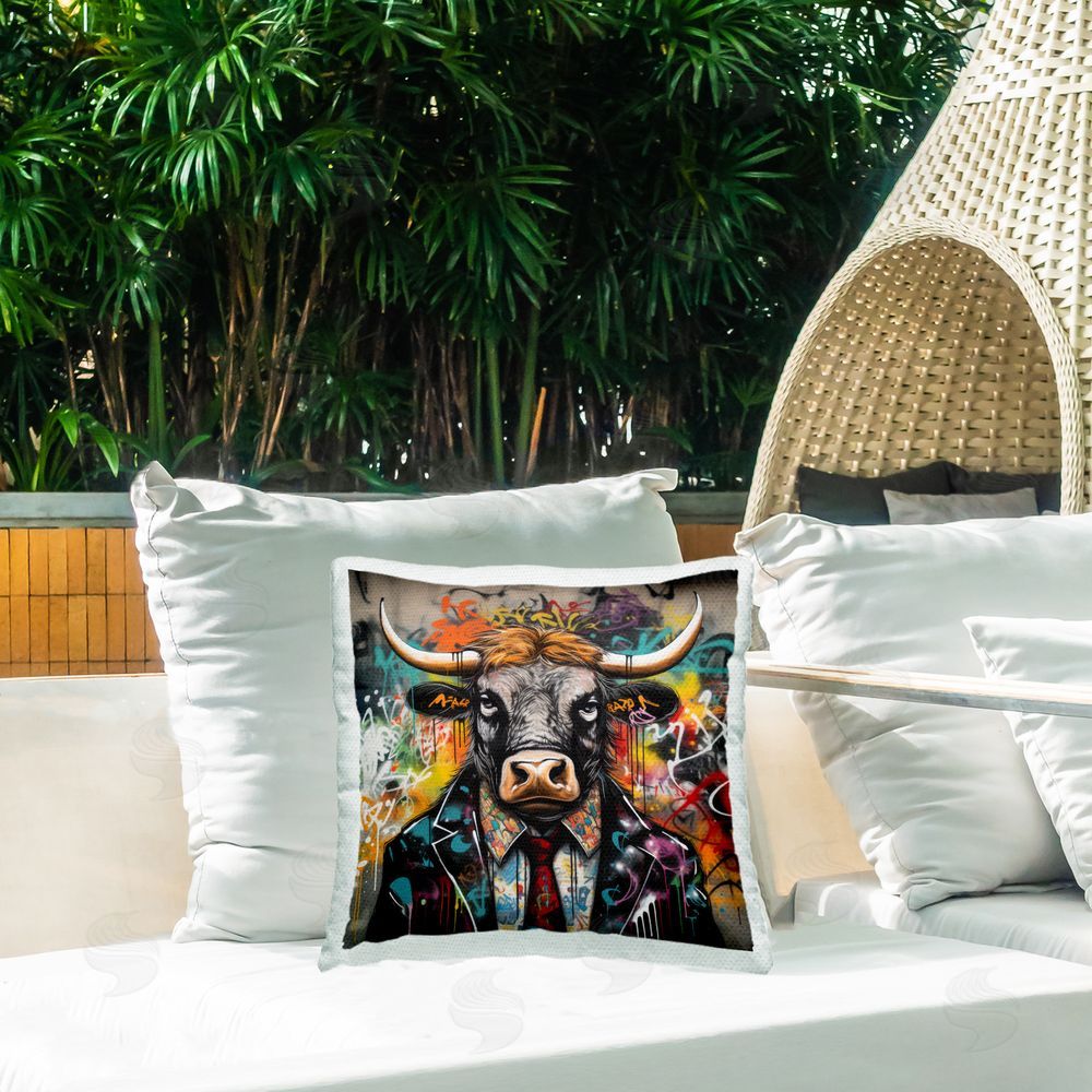 Lazar Studio Urban Graffiti Bull Outdoor Quick-Dry Polyester Printed Throw Pillow in Back Yard