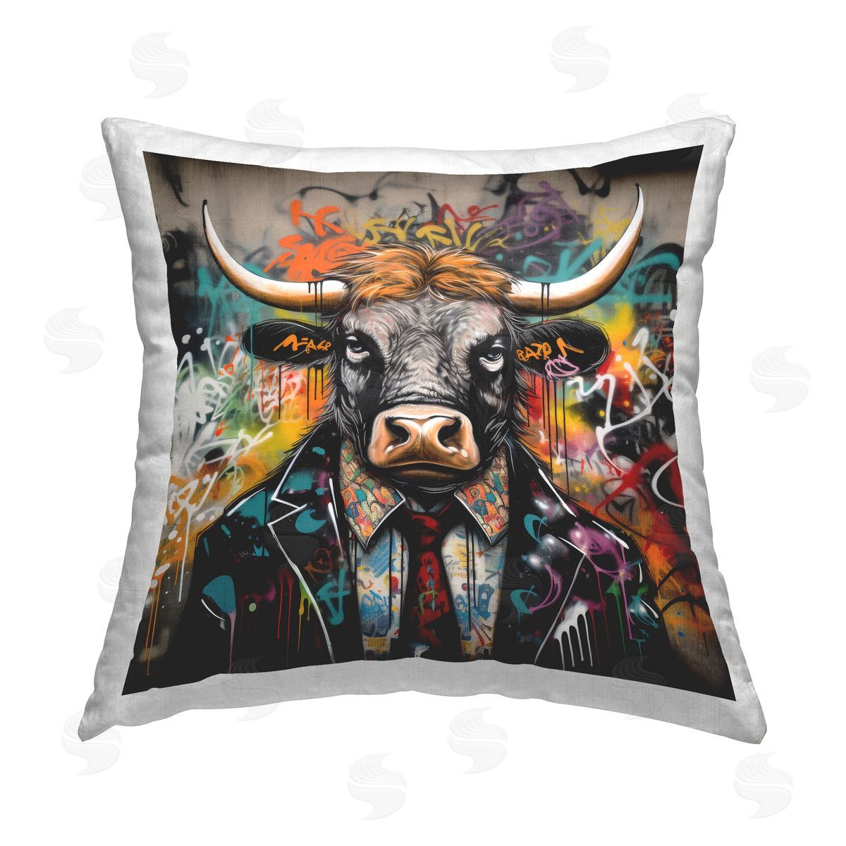 Lazar Studio Urban Graffiti Bull Printed Plush Polyester Throw Pillow