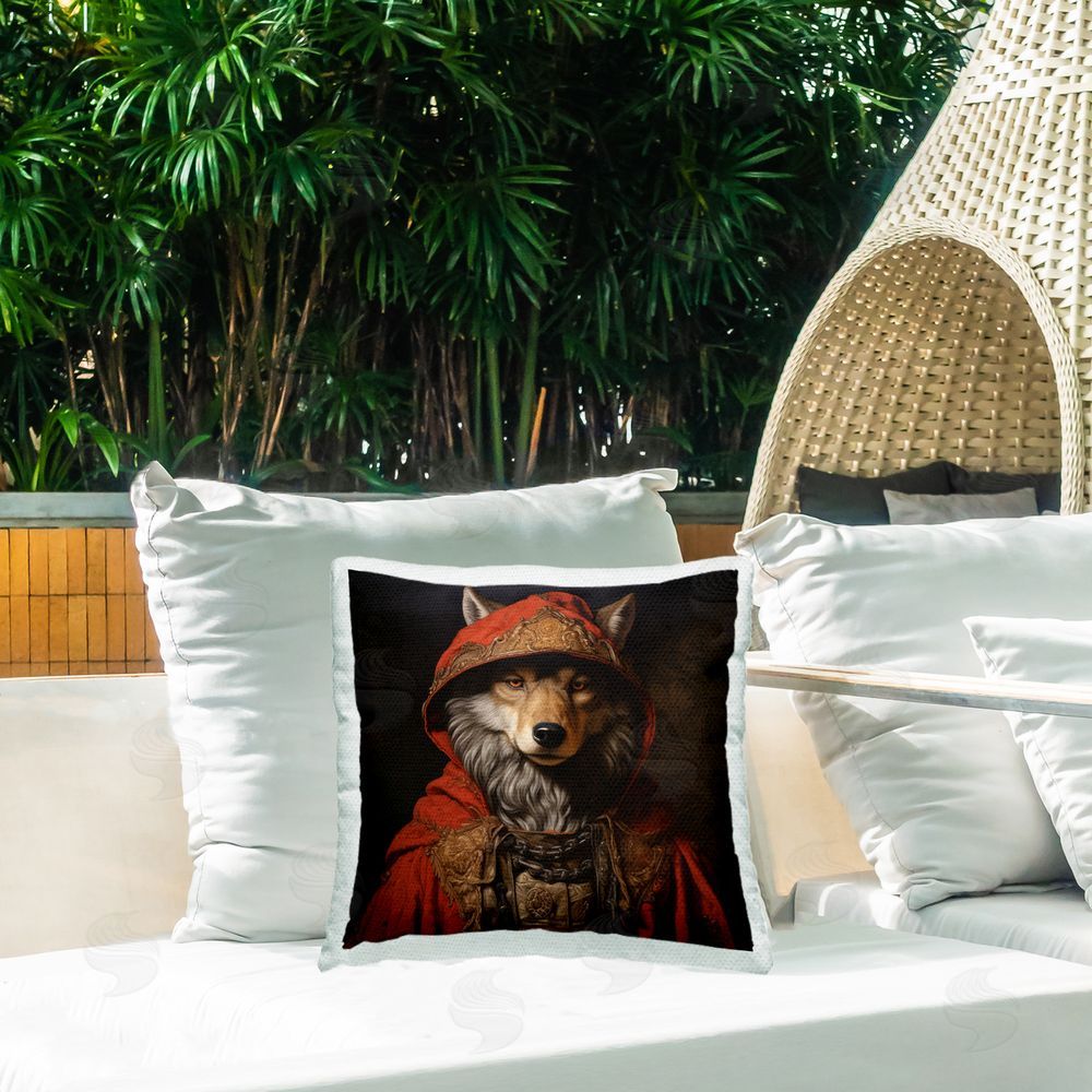 Lazar Studio Wolf with Red Cloak Outdoor Quick-Dry Polyester Printed Throw Pillow in Back Yard