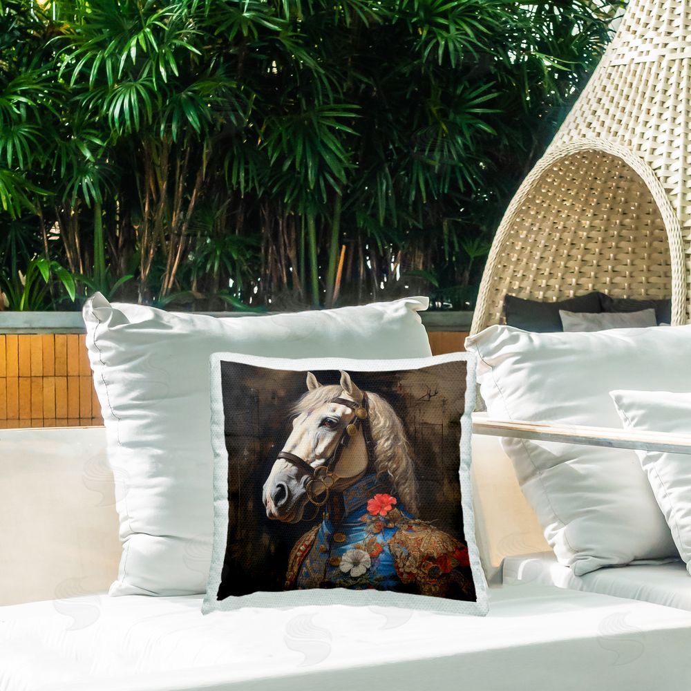 Lazar Studio Horse with Regal Clothing Outdoor Quick-Dry Polyester Printed Throw Pillow in Back Yard