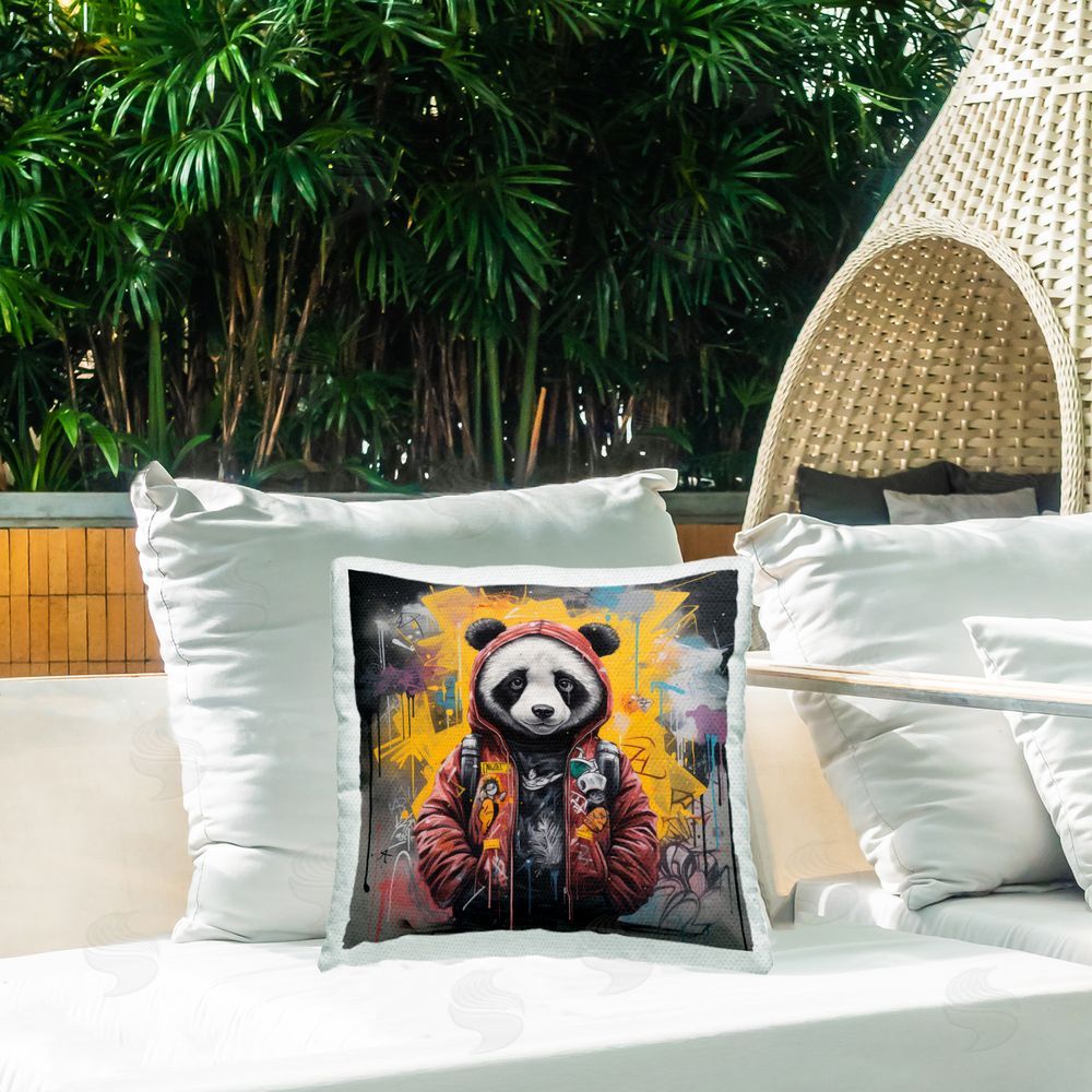 Lazar Studio Urban Graffiti Panda Bear Outdoor Quick-Dry Polyester Printed Throw Pillow in Back Yard