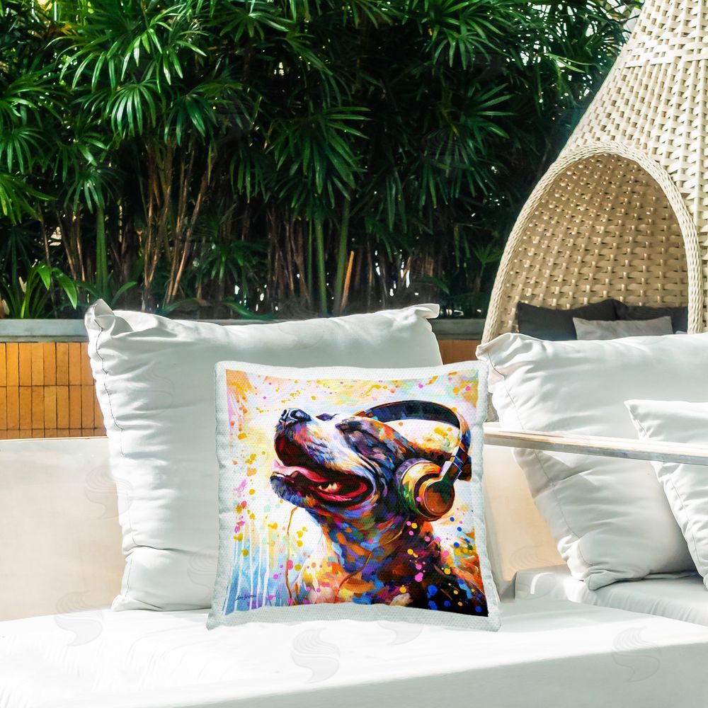 Leon Devenice Happy Dog & Headphones Outdoor Quick-Dry Polyester Printed Throw Pillow in Back Yard