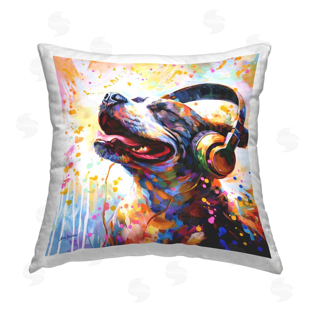 Leon Devenice Happy Dog & Headphones Printed Plush Polyester Throw Pillow