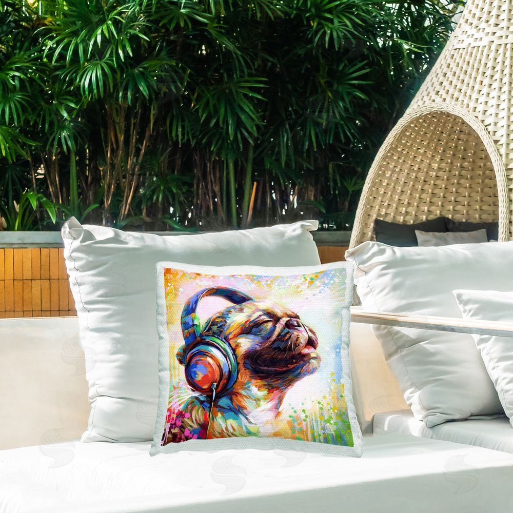 Leon Devenice Blissful Music Pug Outdoor Quick-Dry Polyester Printed Throw Pillow in Back Yard