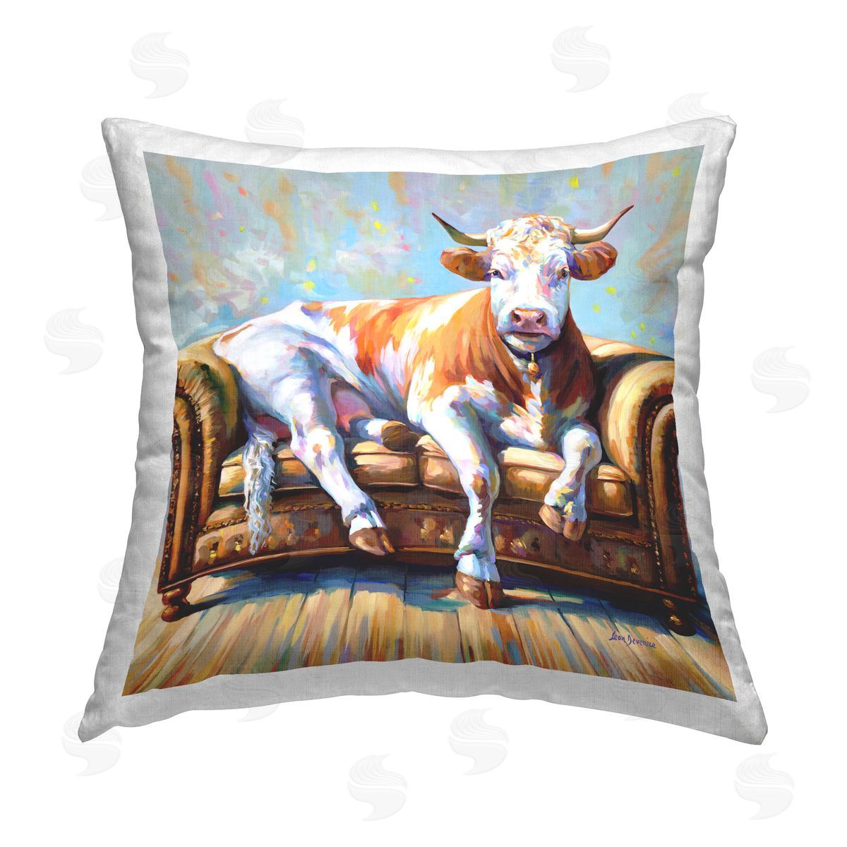 Leon Devenice Cow's Day Off Printed Plush Polyester Throw Pillow
