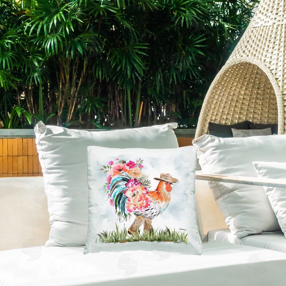 Ziwei Li Blooming Cowgirl Hen Outdoor Quick-Dry Polyester Printed Throw Pillow in Back Yard