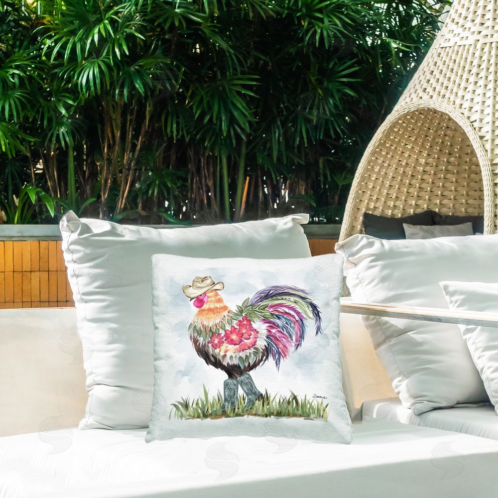 Ziwei Li Cowboy Floral Hen Outdoor Quick-Dry Polyester Printed Throw Pillow in Back Yard