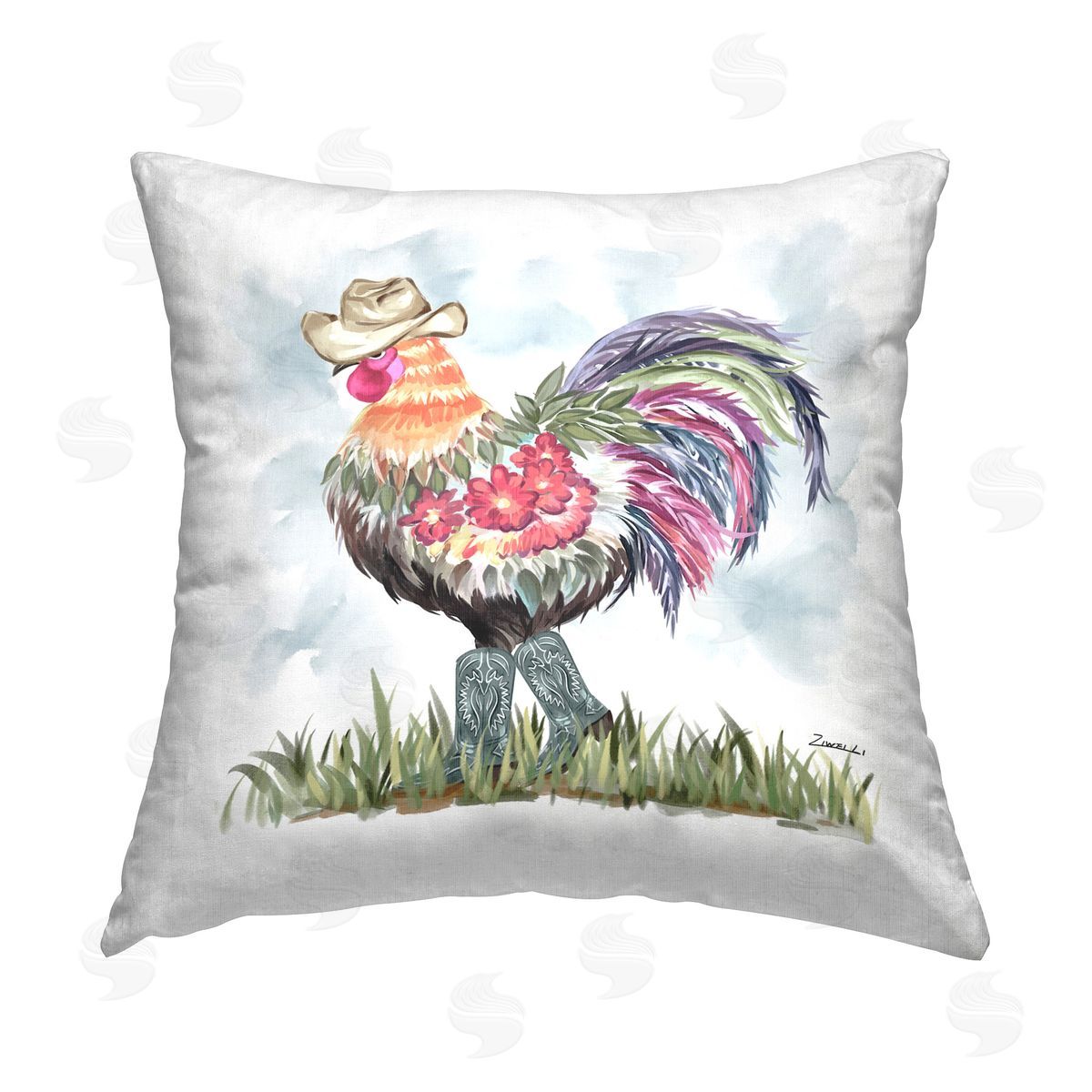 Ziwei Li Cowboy Floral Hen Printed Plush Polyester Throw Pillow