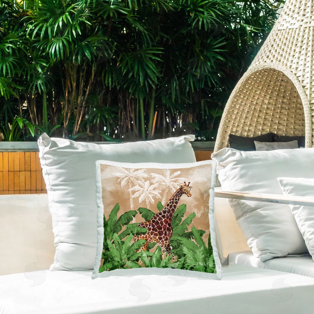 Paul Brent Jungle Life Giraffe Outdoor Quick-Dry Polyester Printed Throw Pillow in Back Yard