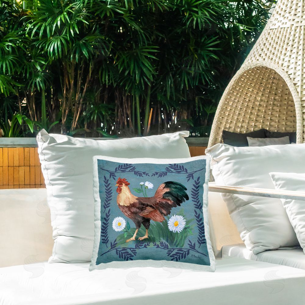 Paul Brent Rooster & Fern Trim Outdoor Quick-Dry Polyester Printed Throw Pillow in Back Yard
