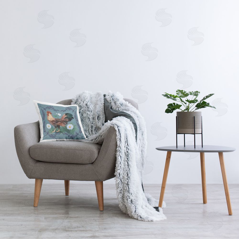 Paul Brent Rooster & Fern Trim Printed Plush Polyester Throw Pillow On Chair