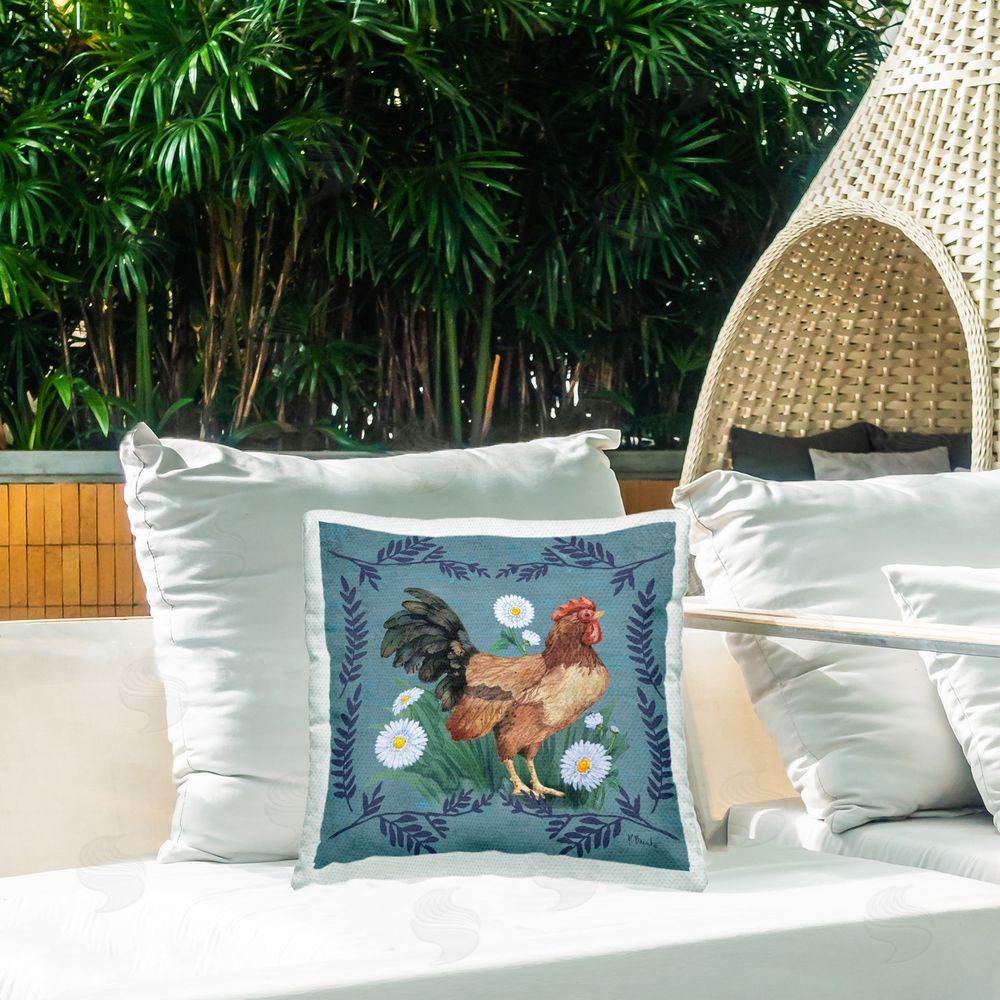 Paul Brent Rooster & Daisies Outdoor Quick-Dry Polyester Printed Throw Pillow in Back Yard