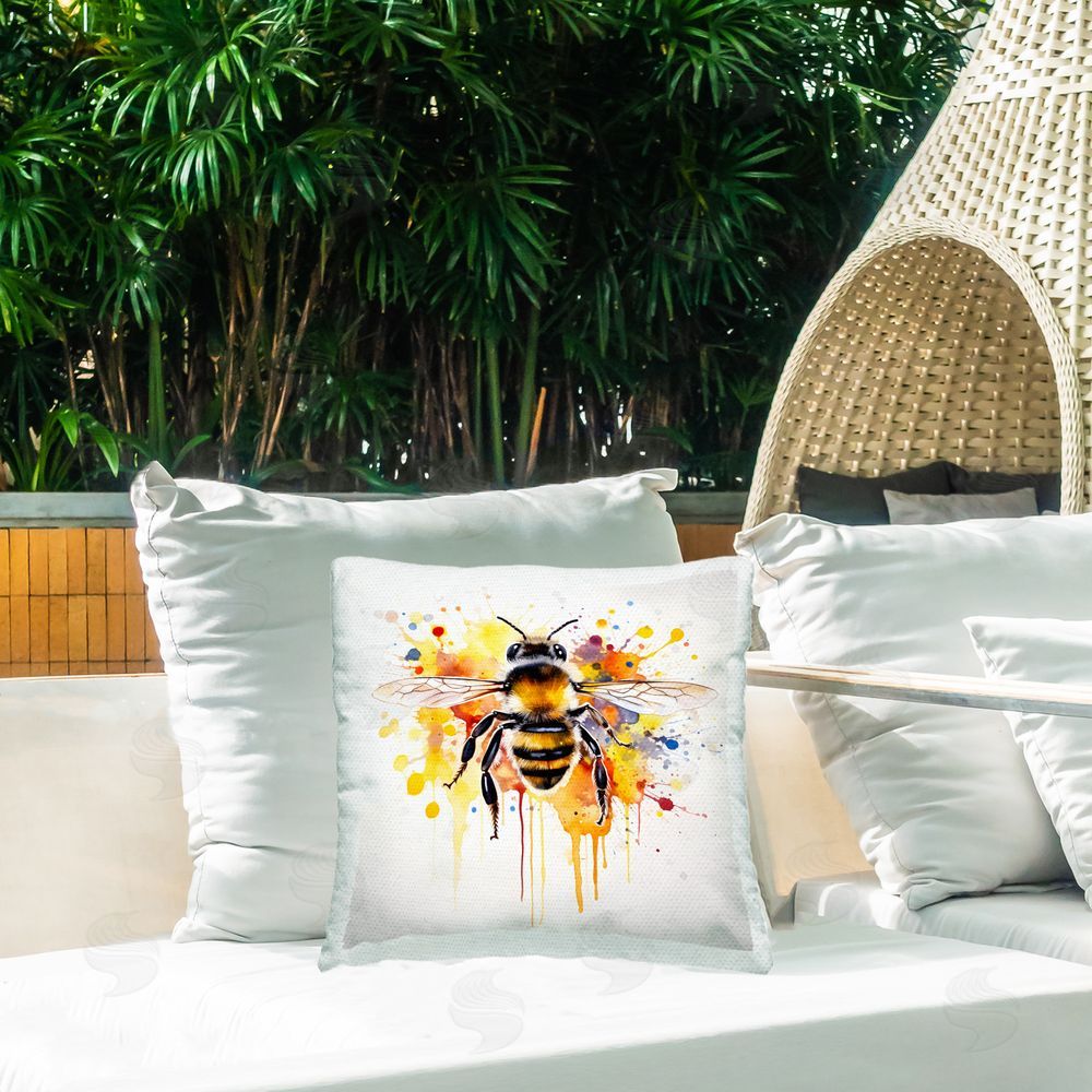 Petal Prints Design Watercolor Style Bee Outdoor Quick-Dry Polyester Printed Throw Pillow in Back Yard