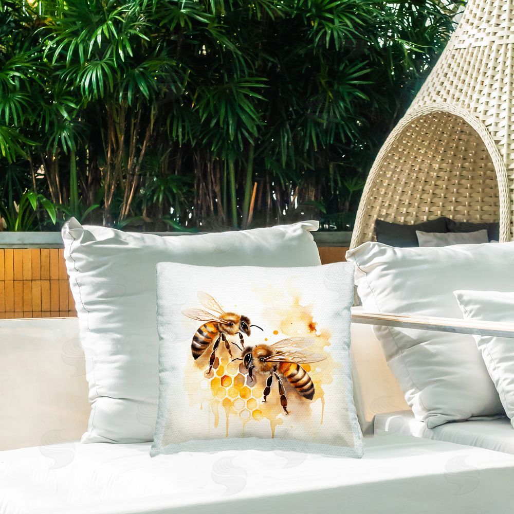 Petal Prints Design Bee Talk Pair Outdoor Quick-Dry Polyester Printed Throw Pillow in Back Yard
